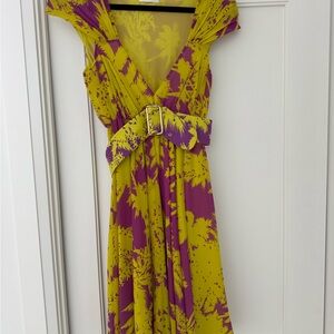 Iceberg Yellow and Purple V-Neck Belted Maxi Dress
